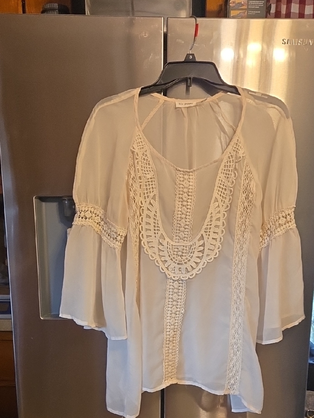 Cream Sheer Crochet-Trim Boho Blouse